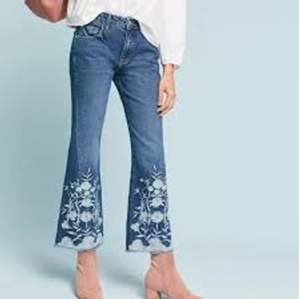 Pilcro Anthropologie Flare Jeans Size 24 Blue High Rise‎ Floral Embroidered